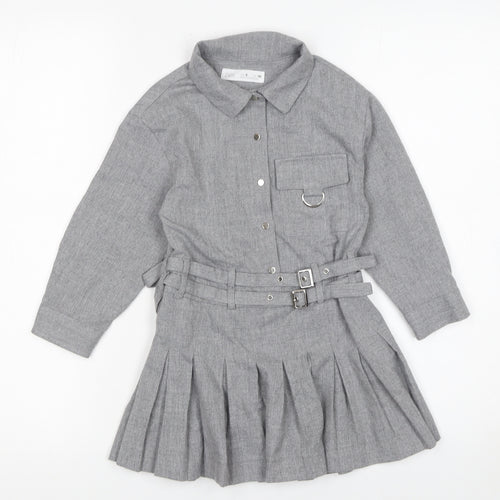 Zara Girls Grey Belted Pleated Shirt Dress 6 Years Woven Long Sleeve