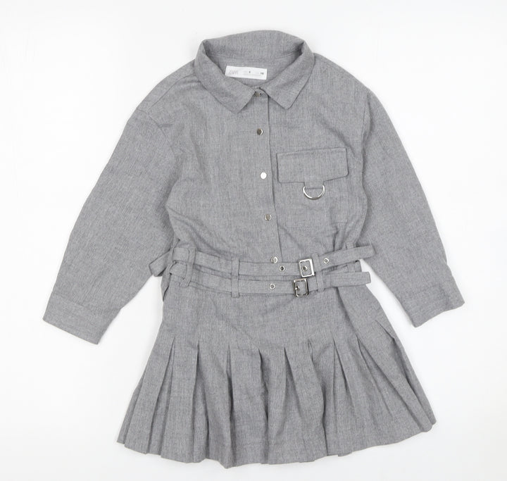 Zara Girls Grey Belted Pleated Shirt Dress 6 Years Woven Long Sleeve