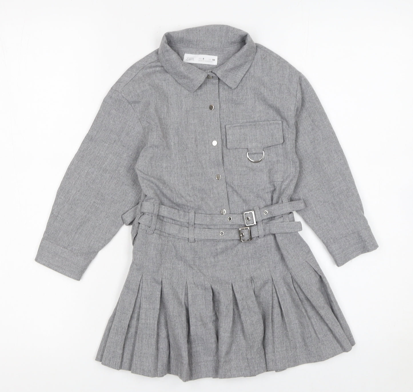 Zara Girls Grey Belted Pleated Shirt Dress 6 Years Woven Long Sleeve