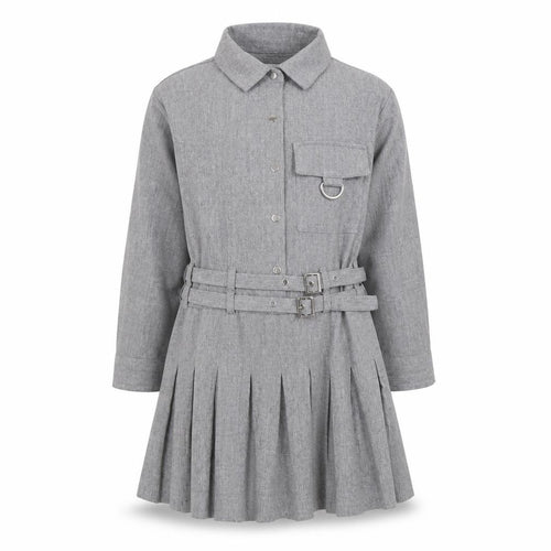 Zara Girls Grey Belted Pleated Shirt Dress 6 Years Woven Long Sleeve
