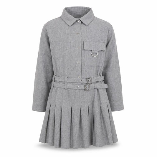 Zara Girls Grey Belted Pleated Shirt Dress 6 Years Woven Long Sleeve
