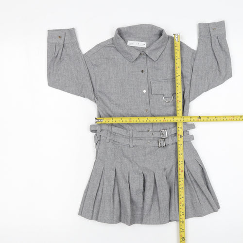 Zara Girls Grey Belted Pleated Shirt Dress 6 Years Woven Long Sleeve