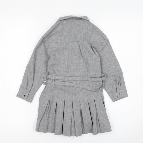 Zara Girls Grey Belted Pleated Shirt Dress 6 Years Woven Long Sleeve