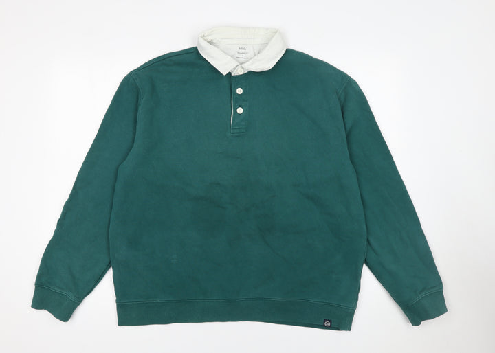 Marks and Spencer Men's Green Collared Henley Sweatshirt L Relaxed Fit