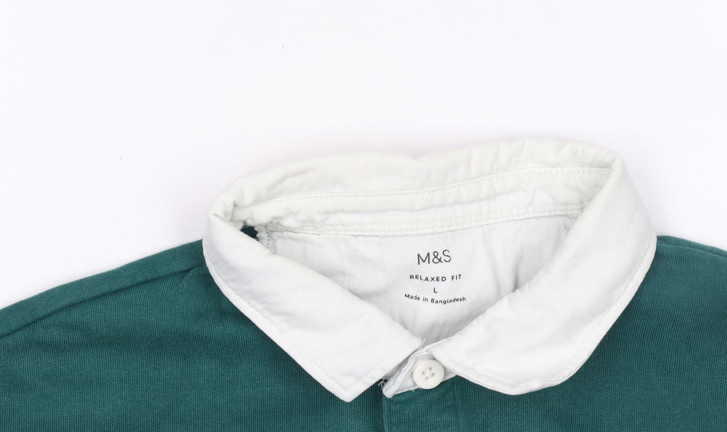 Marks and Spencer Men's Green Collared Henley Sweatshirt L Relaxed Fit