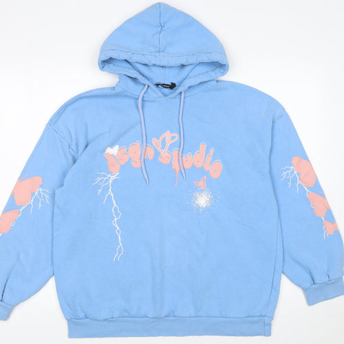 Boohoo Women Blue Pullover Hoodie Small Graphic Print Cotton Blend