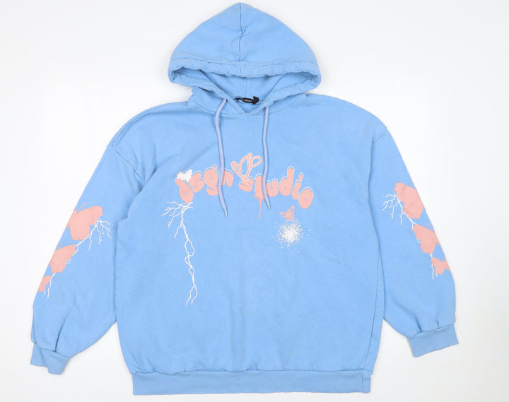 Boohoo Women Blue Pullover Hoodie Small Graphic Print Cotton Blend