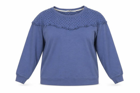 Front view of Next Women Blue Lace Yoke Long Sleeve Pullover Sweatshirt, size 22