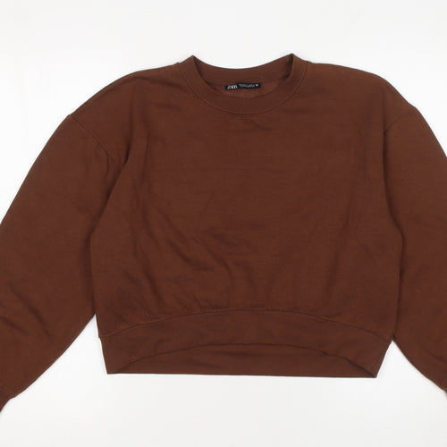 Zara Women Brown Pullover Sweatshirt Size S Crew Neck Cotton Blend