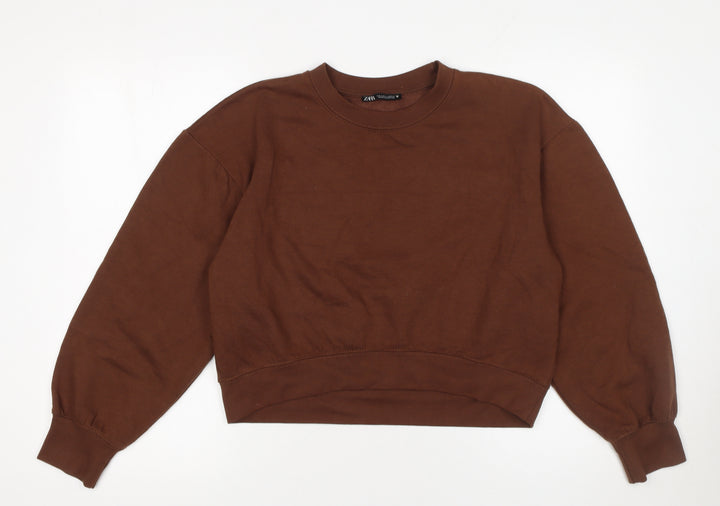 Zara Women Brown Pullover Sweatshirt Size S Crew Neck Cotton Blend