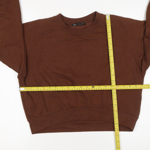 Zara Women Brown Pullover Sweatshirt Size S Crew Neck Cotton Blend
