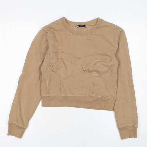 Zara Women Beige Crew Neck Pullover Sweatshirt M Cotton Blend