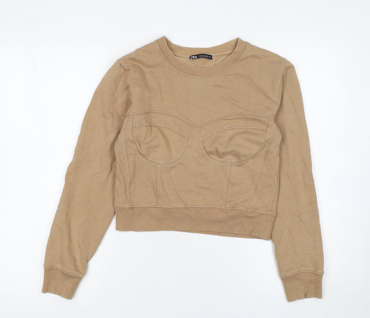 Zara Women Beige Crew Neck Pullover Sweatshirt M Cotton Blend
