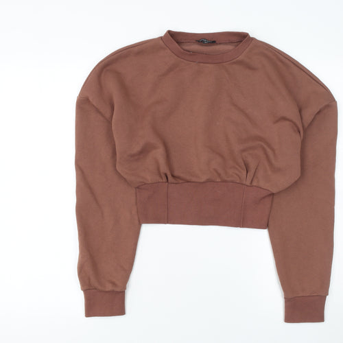 Boohoo Women Brown Crop Pullover Sweatshirt UK 14 Cotton Relaxed Fit