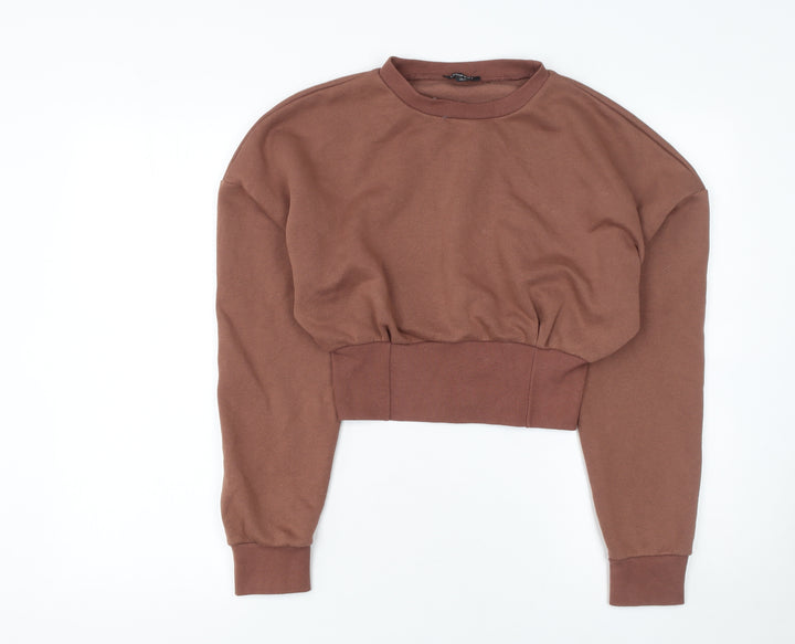 Boohoo Women Brown Crop Pullover Sweatshirt UK 14 Cotton Relaxed Fit