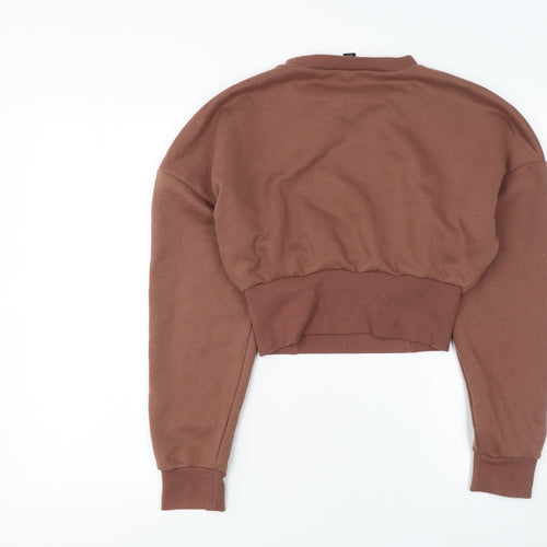 Boohoo Women Brown Crop Pullover Sweatshirt UK 14 Cotton Relaxed Fit