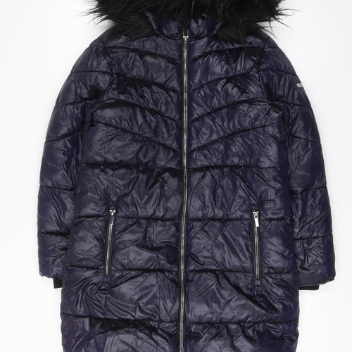 Next Girls Blue Puffer Coat 11 Years Hooded Long Winter Jacket with Faux Fur Trim