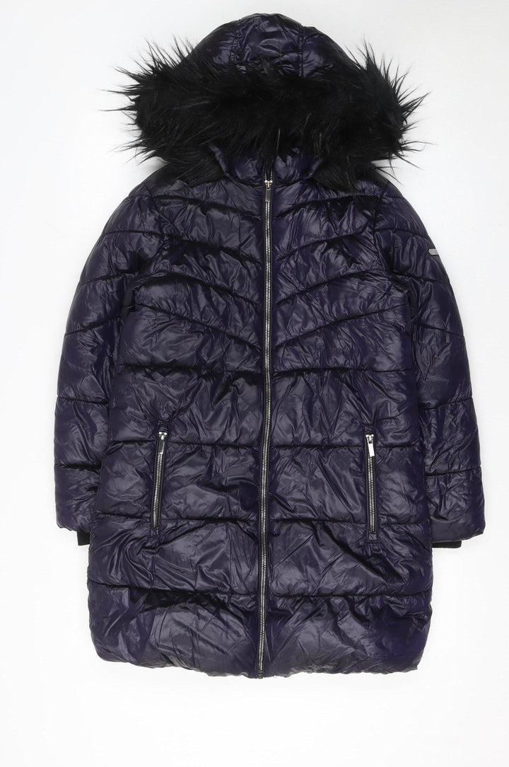 Next Girls Blue Puffer Coat 11 Years Hooded Long Winter Jacket with Faux Fur Trim