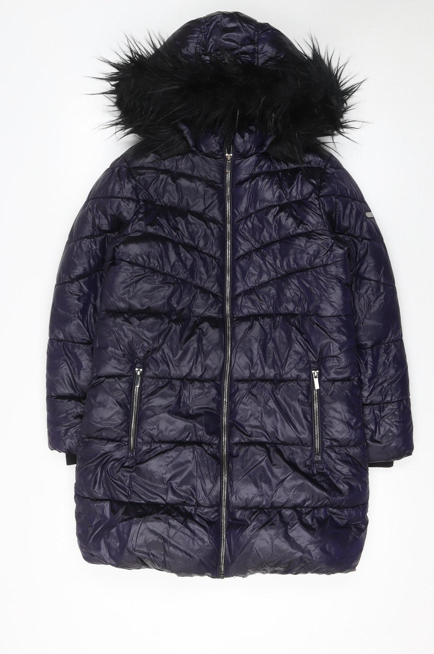 Next Girls Blue Puffer Coat 11 Years Hooded Long Winter Jacket with Faux Fur Trim