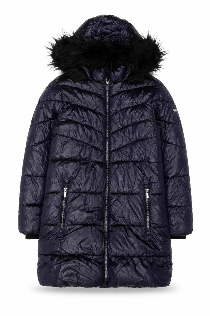 Next Girls Blue Puffer Coat 11 Years Hooded Long Winter Jacket with Faux Fur Trim