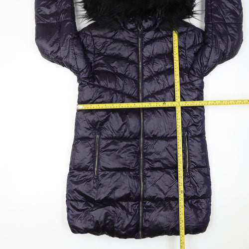 Next Girls Blue Puffer Coat 11 Years Hooded Long Winter Jacket with Faux Fur Trim