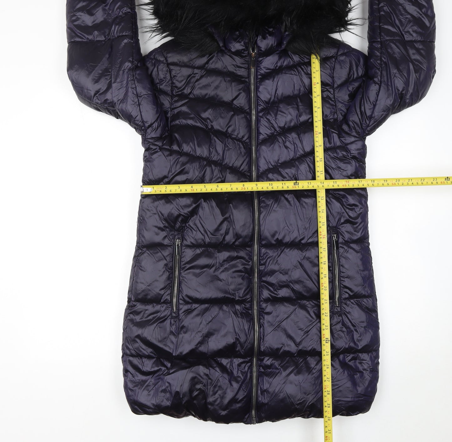 Next Girls Blue Puffer Coat 11 Years Hooded Long Winter Jacket with Faux Fur Trim