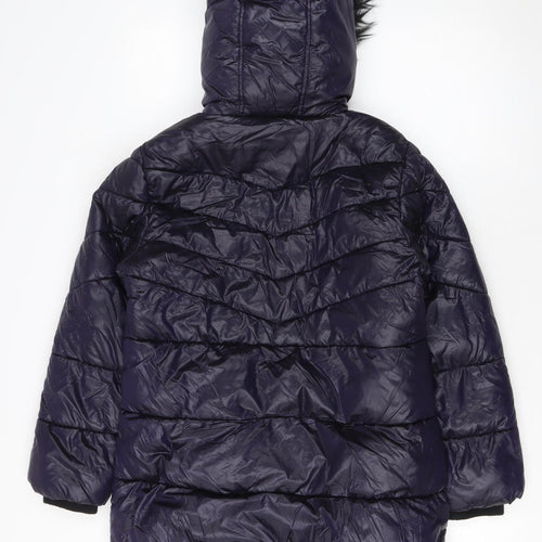 Next Girls Blue Puffer Coat 11 Years Hooded Long Winter Jacket with Faux Fur Trim