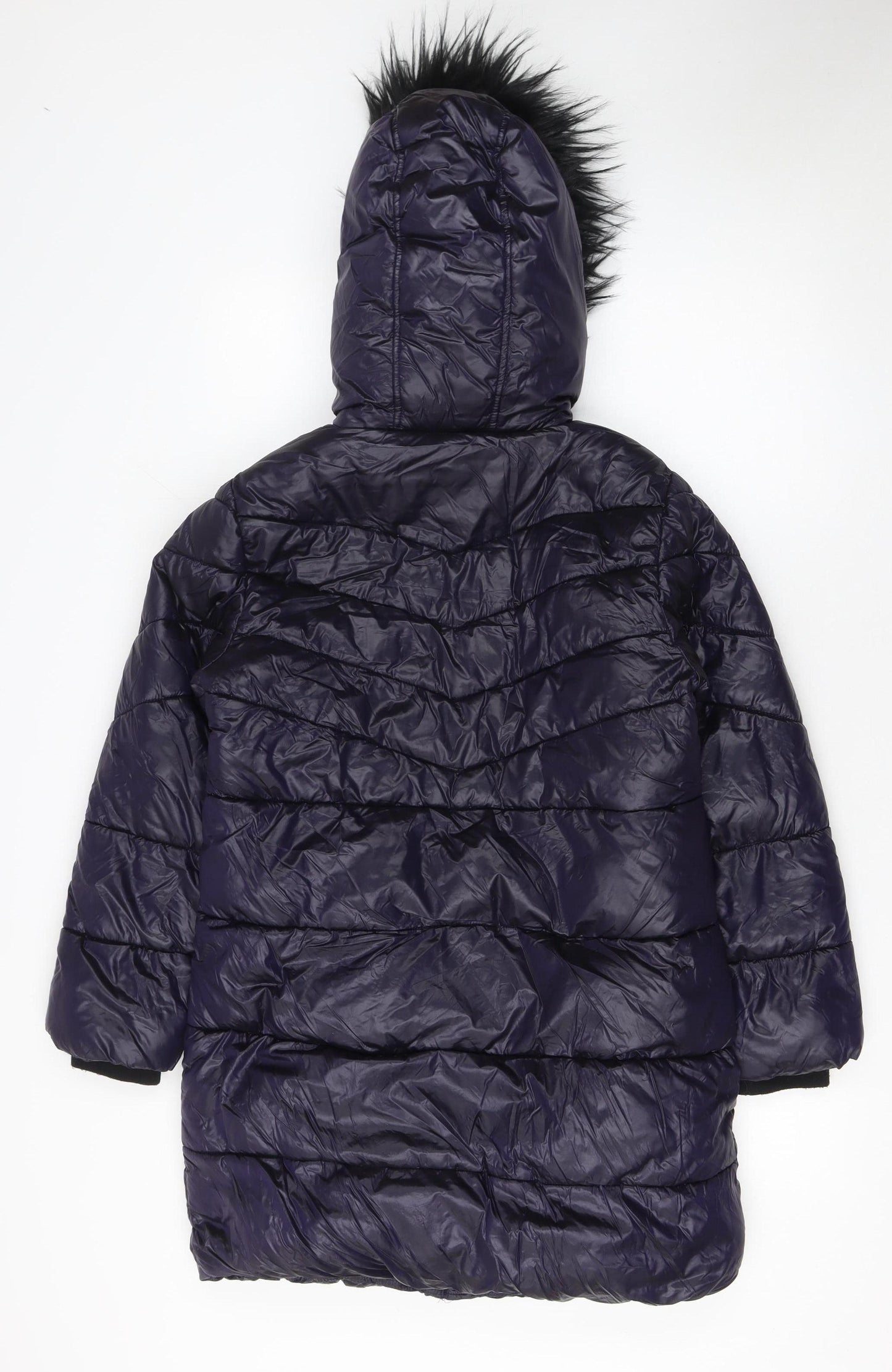 Next Girls Blue Puffer Coat 11 Years Hooded Long Winter Jacket with Faux Fur Trim