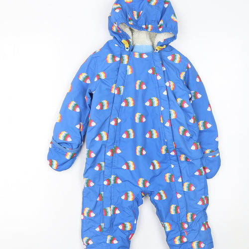 Baby Boden Unisex Blue Rainbow Fish Hooded Snowsuit 12-18M Padded Winter Outerwear