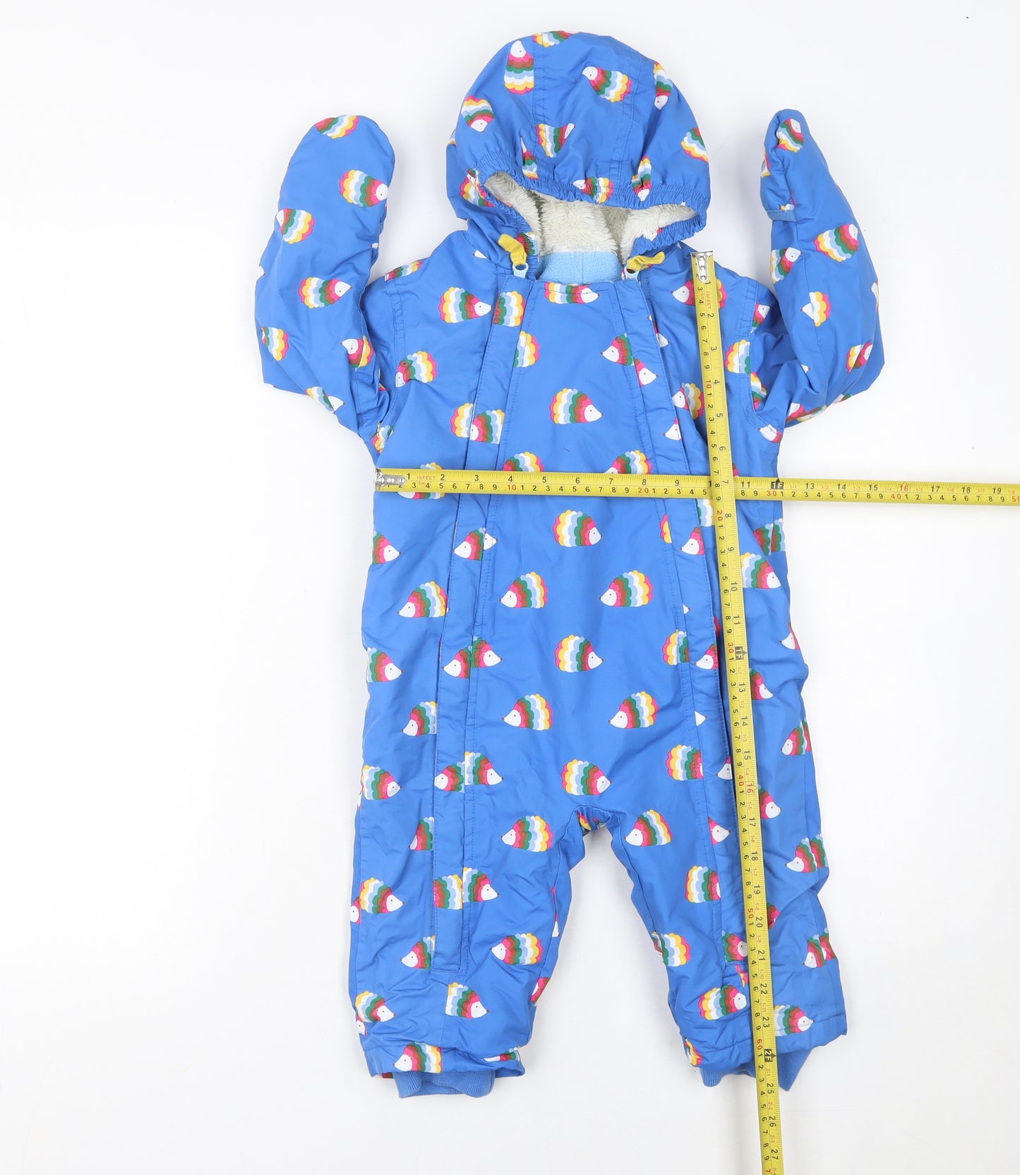 Baby Boden Unisex Blue Rainbow Fish Hooded Snowsuit 12-18M Padded Winter Outerwear