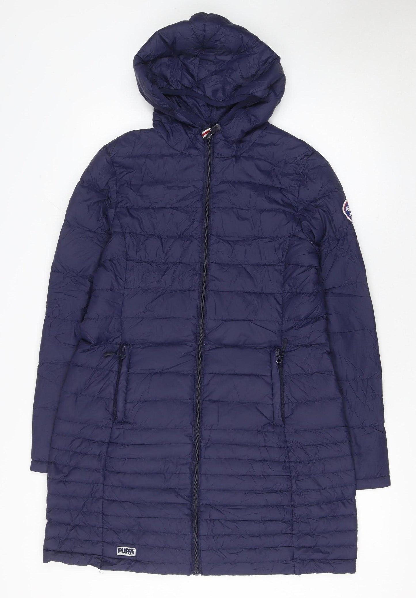 Puffa Women Blue Long Hooded Puffer Coat Size 12 Down Filled