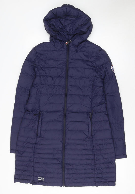 Puffa Women Blue Long Hooded Puffer Coat Size 12 Down Filled