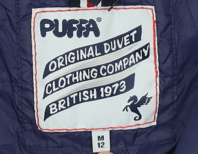 Puffa Women Blue Long Hooded Puffer Coat Size 12 Down Filled