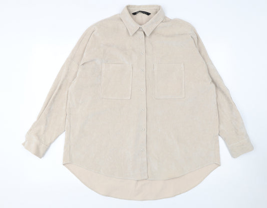 Zara Women Beige Corduroy Button-Up Shirt Size 12