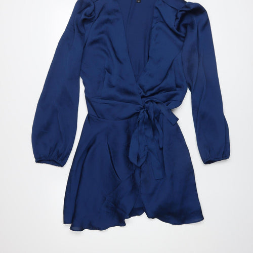 Mango Women Blue Satin Wrap Dress Size 8 Long Sleeve Elegant Party
