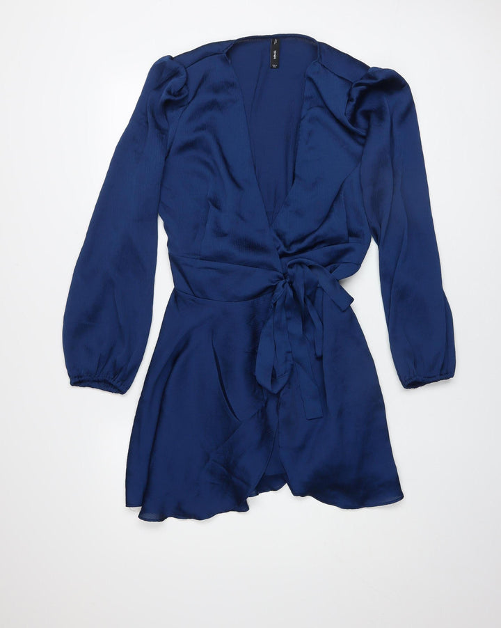 Mango Women Blue Satin Wrap Dress Size 8 Long Sleeve Elegant Party