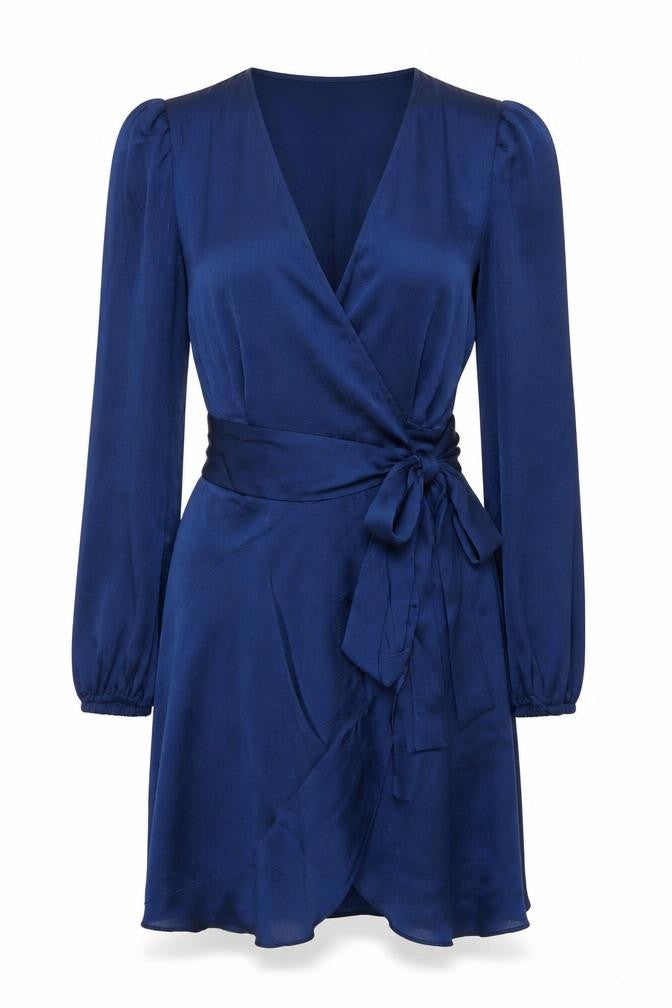 Mango Women Blue Satin Wrap Dress Size 8 Long Sleeve Elegant Party