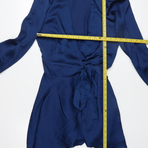 Mango Women Blue Satin Wrap Dress Size 8 Long Sleeve Elegant Party