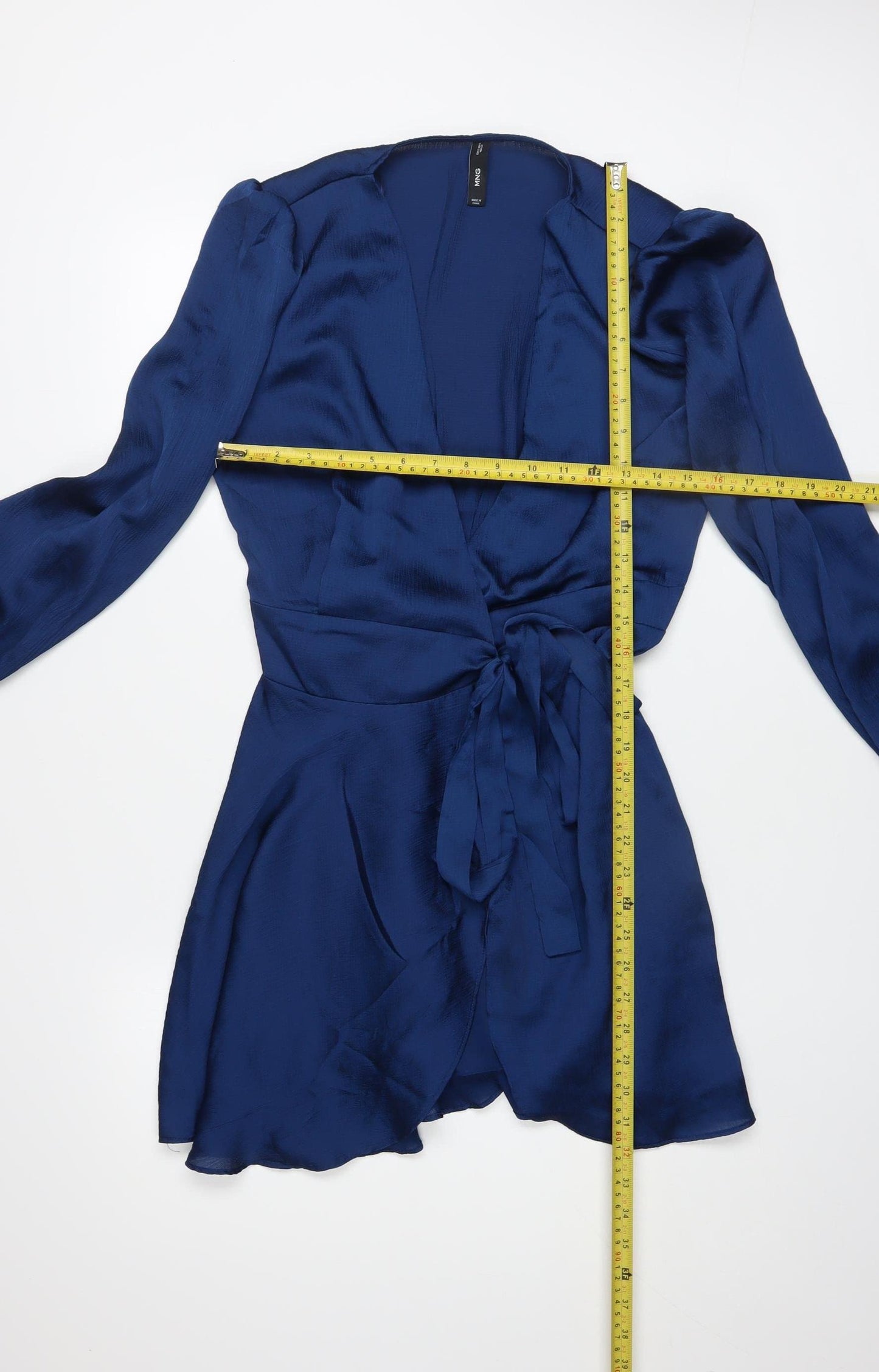 Mango Women Blue Satin Wrap Dress Size 8 Long Sleeve Elegant Party