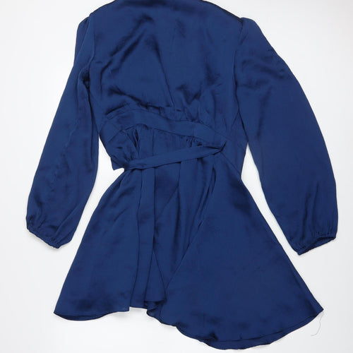 Mango Women Blue Satin Wrap Dress Size 8 Long Sleeve Elegant Party