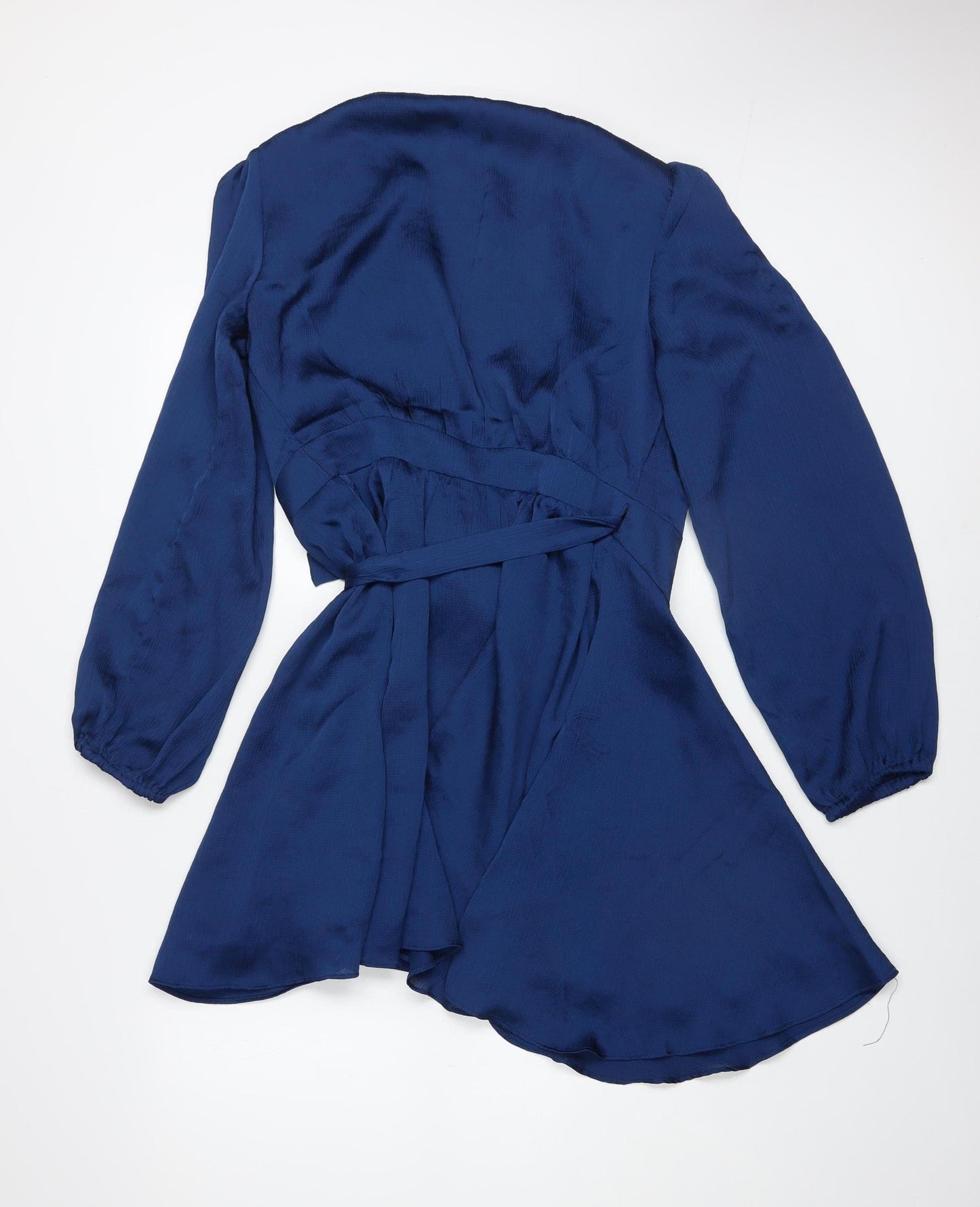 Mango Women Blue Satin Wrap Dress Size 8 Long Sleeve Elegant Party