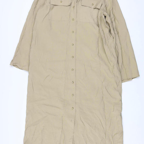 Gallery Women Beige Midi Shirt Dress Size 14 Long Sleeve Collared