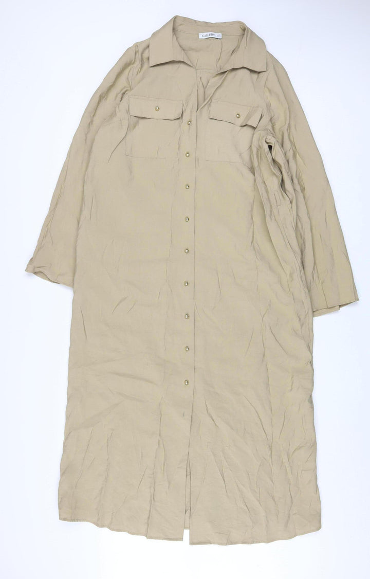 Gallery Women Beige Midi Shirt Dress Size 14 Long Sleeve Collared