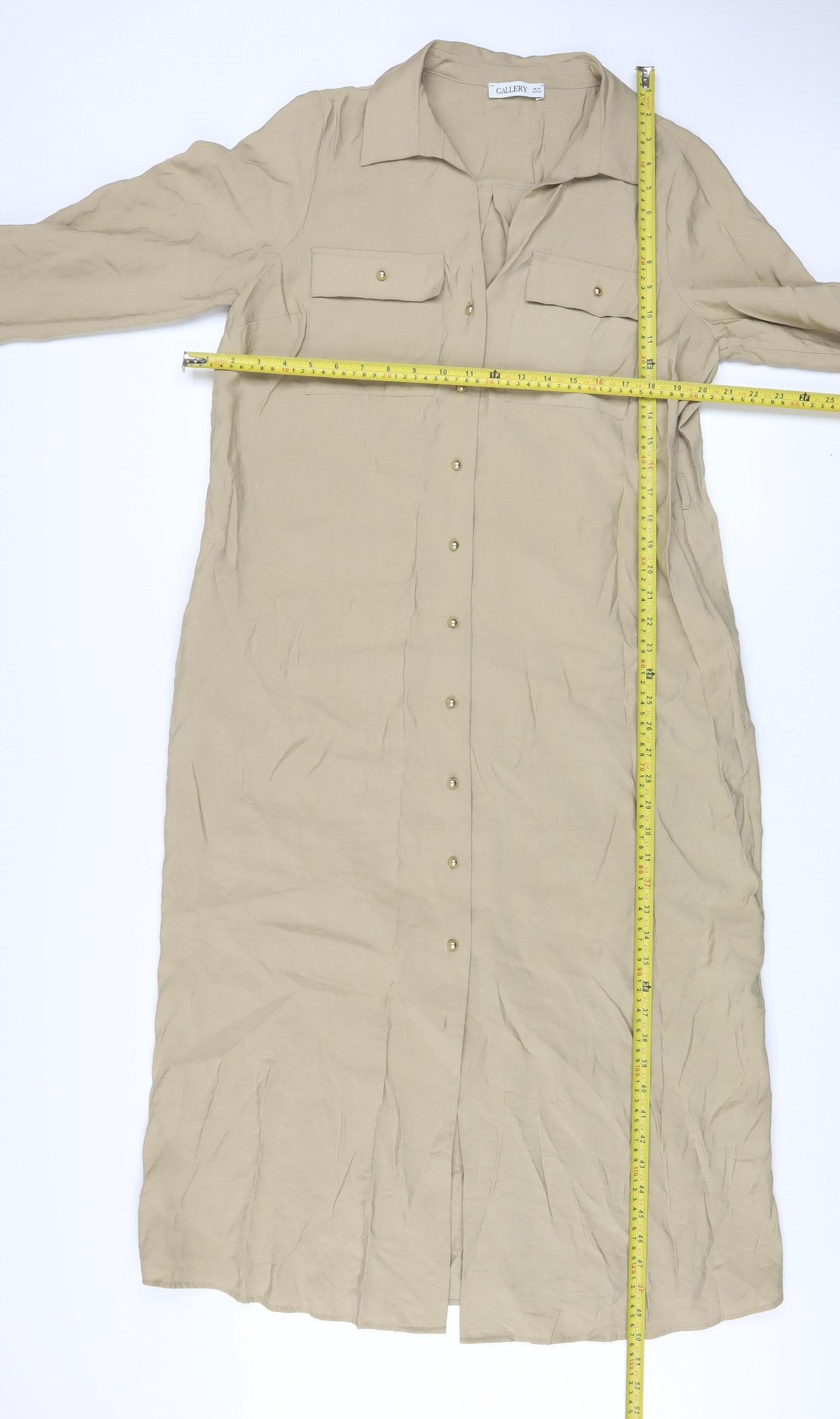 Gallery Women Beige Midi Shirt Dress Size 14 Long Sleeve Collared