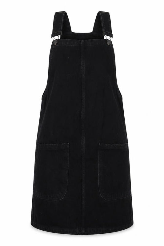 Front view of New Look Petite Women’s Black Denim Pinafore Dress UK 4