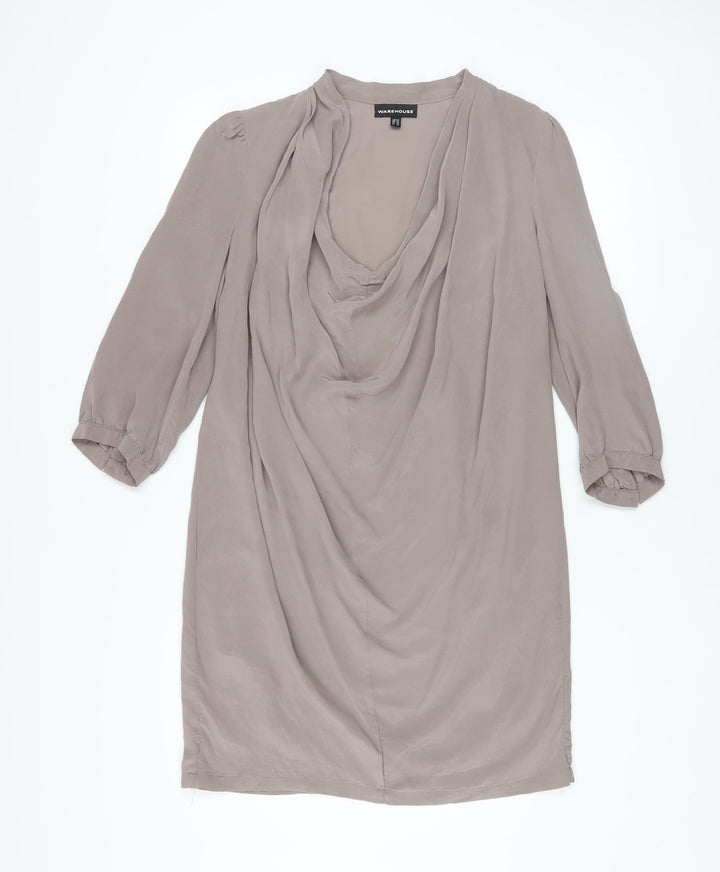Warehouse Women’s Beige Silk Cowl Neck Shift Dress UK 12