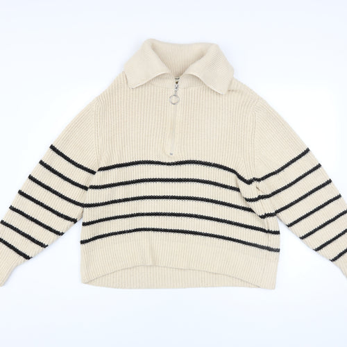 Pull&Bear Women Beige Striped Collared Half Zip Chunky Knit Jumper S