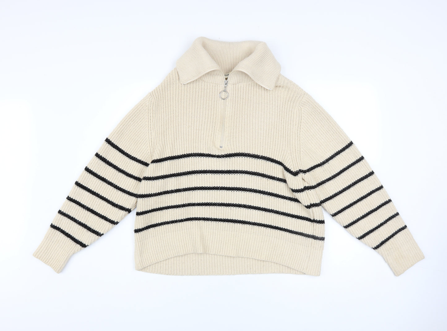 Pull&Bear Women Beige Striped Collared Half Zip Chunky Knit Jumper S