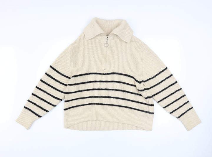 Pull&Bear Women Beige Striped Collared Half Zip Chunky Knit Jumper S
