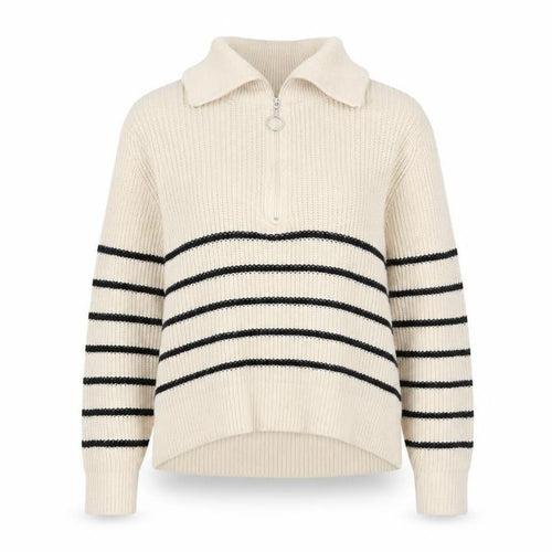 Pull&Bear Women Beige Striped Collared Half Zip Chunky Knit Jumper S
